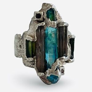 Vintage C + R 99% Pure Silver Indicolite Pink and Green Tourmaline Ring Size 6